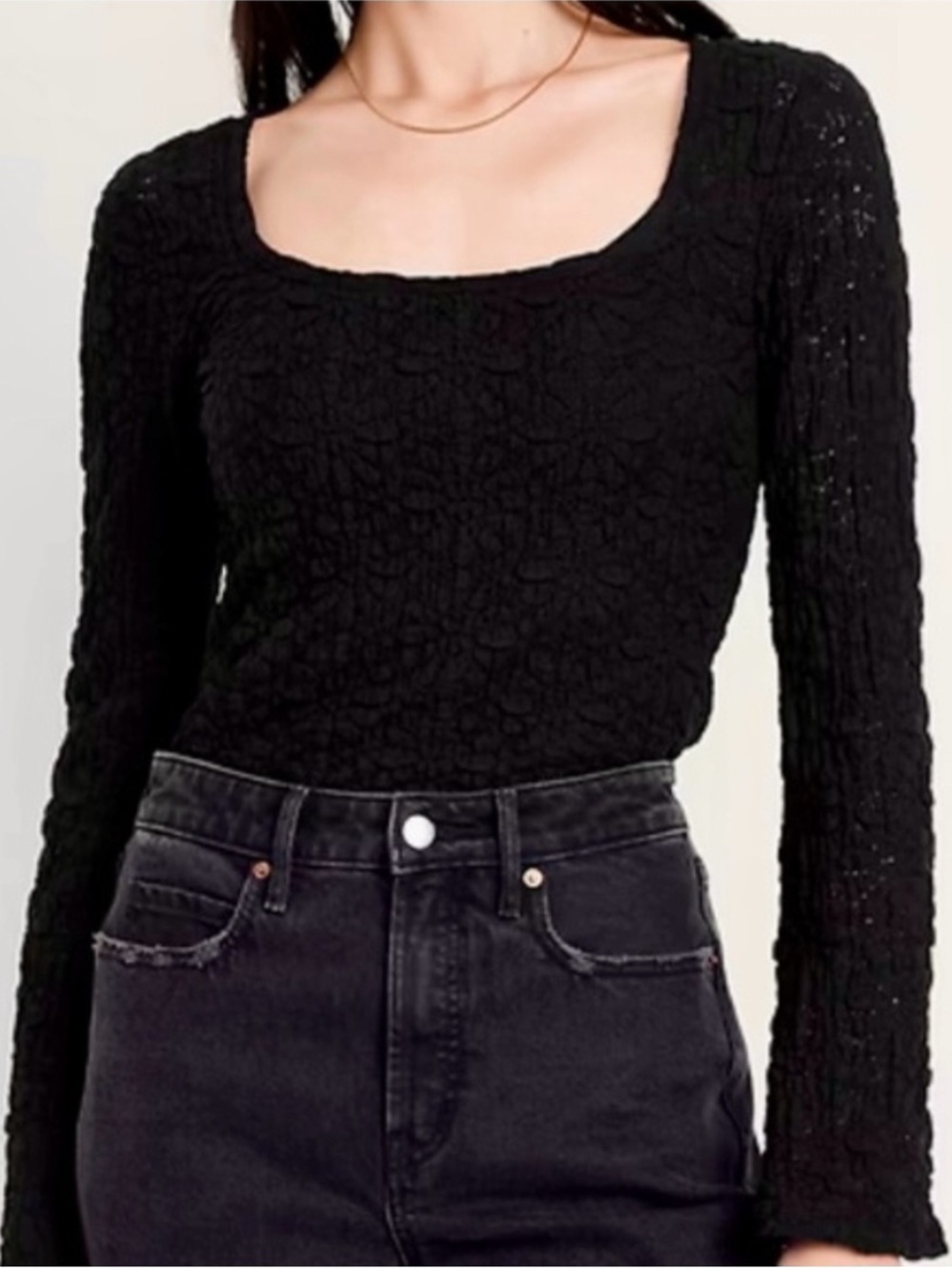 Old Navy Black Long Sleeve Textured Scoop Neck Top